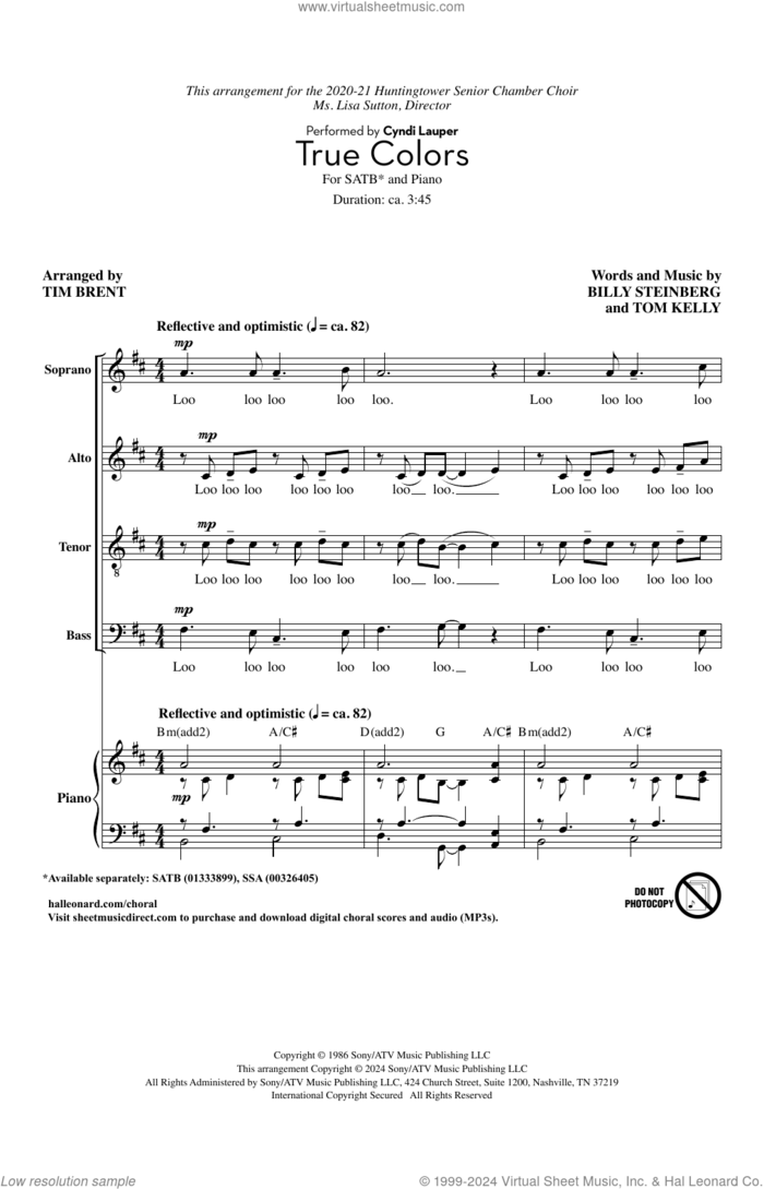 True Colors (arr. Tim Brent) sheet music for choir (SATB: soprano, alto, tenor, bass) by Cyndi Lauper, Tim Brent, Phil Collins, Billy Steinberg and Tom Kelly, intermediate skill level