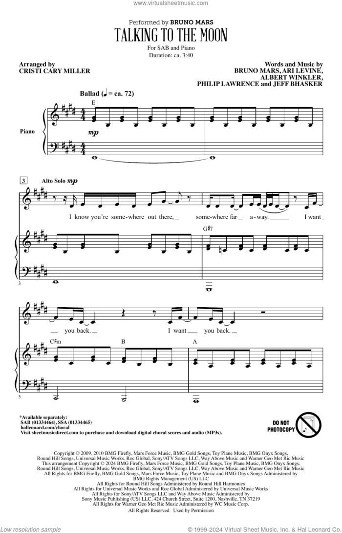 Talking To The Moon (arr. Cristi Cary Miller) sheet music for choir (SAB: soprano, alto, bass) by Bruno Mars, Cristi Cary Miller, Albert Winkler, Ari Levine, Jeff Bhasker and Philip Lawrence, intermediate skill level