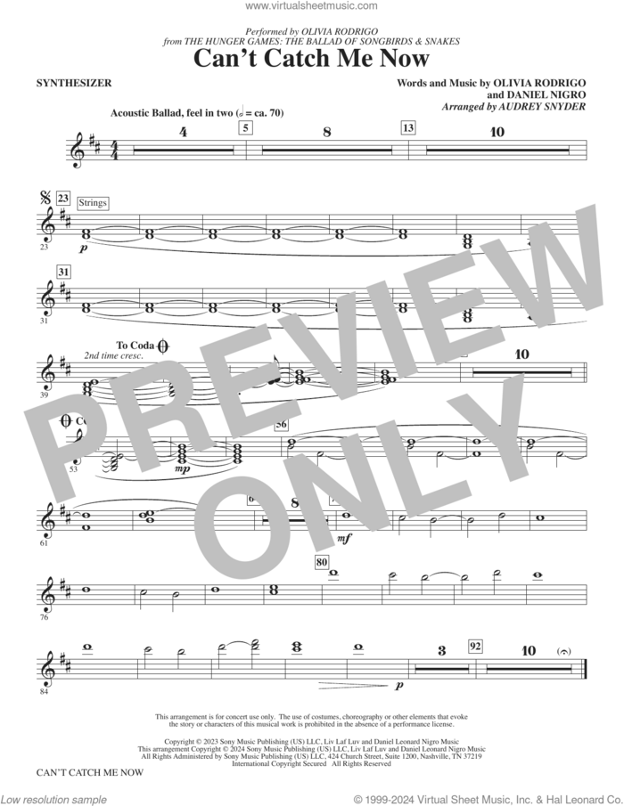 Can't Catch Me Now (from The Hunger Games) (arr. Audrey Snyder) sheet music for orchestra/band (synthesizer) by Olivia Rodrigo, Audrey Snyder and Daniel Nigro, intermediate skill level