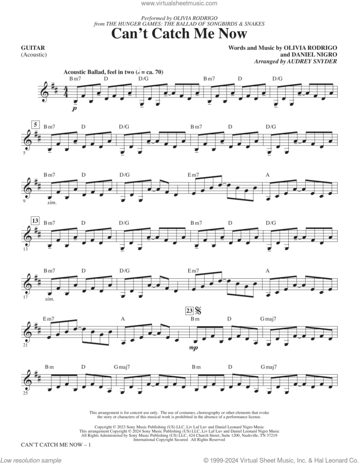 Can't Catch Me Now (from The Hunger Games) (arr. Audrey Snyder) sheet music for orchestra/band (guitar) by Olivia Rodrigo, Audrey Snyder and Daniel Nigro, intermediate skill level