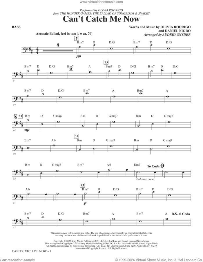 Can't Catch Me Now (from The Hunger Games) (arr. Audrey Snyder) sheet music for orchestra/band (bass) by Olivia Rodrigo, Audrey Snyder and Daniel Nigro, intermediate skill level