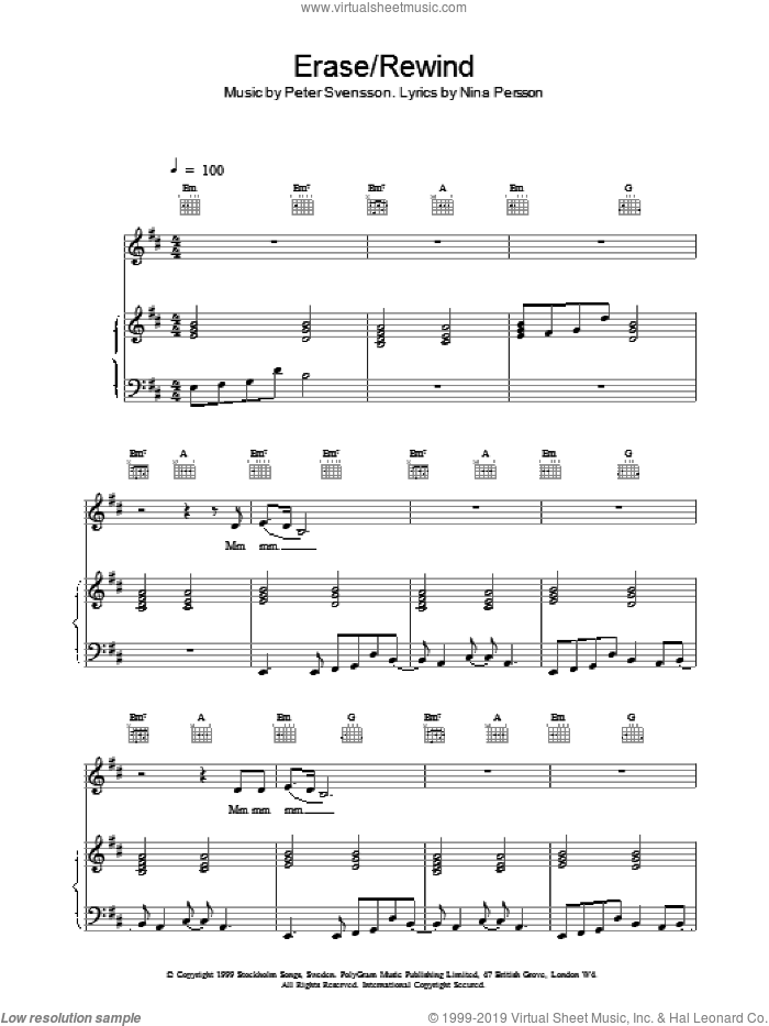 Erase / Rewind sheet music for voice, piano or guitar by The Cardigans, NINA PERSSON and Peter Svensson, intermediate skill level