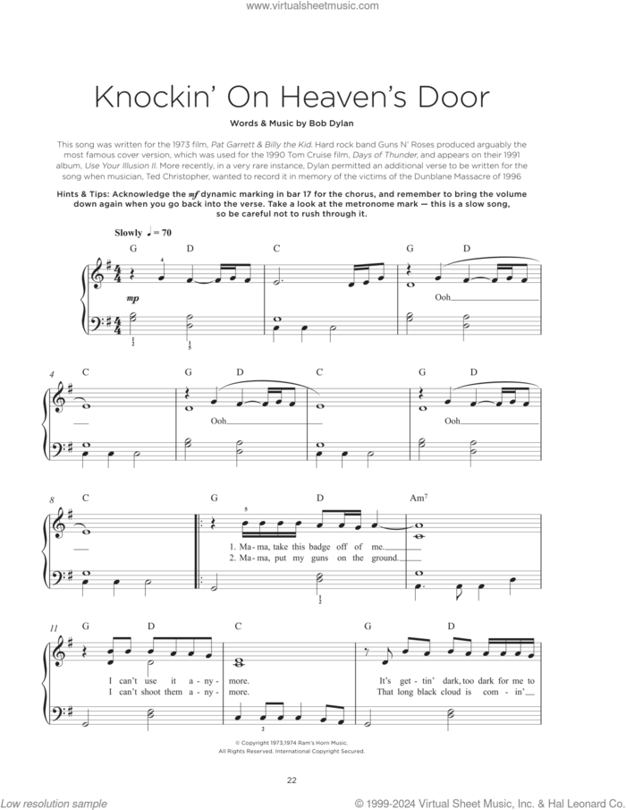 Knockin' On Heaven's Door sheet music for piano solo by Bob Dylan, beginner skill level