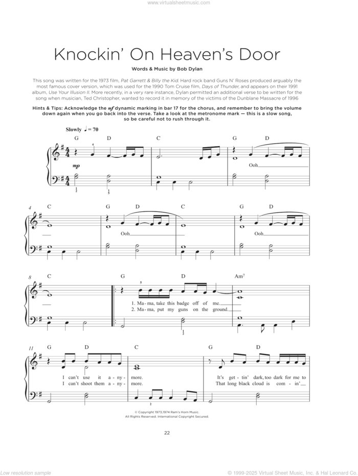 Knockin' On Heaven's Door sheet music for piano solo by Bob Dylan, beginner skill level