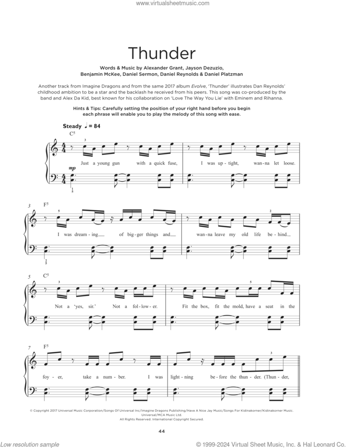 Thunder sheet music for piano solo by Imagine Dragons, Alexander Grant, Ben McKee, Dan Reynolds, Daniel Platzman, Jayson Dezuzio and Wayne Sermon, beginner skill level