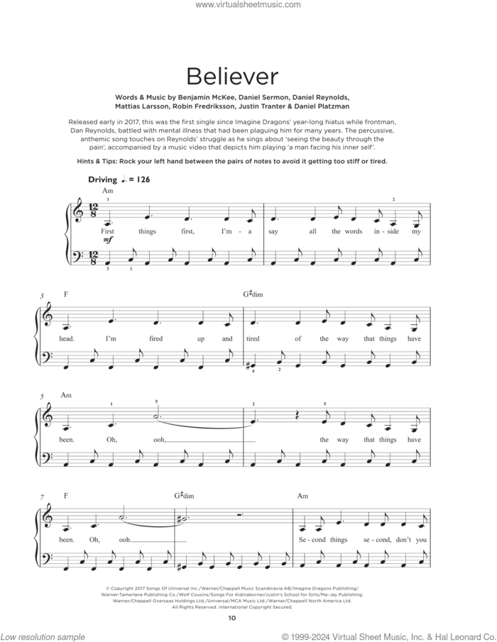 Believer sheet music for piano solo by Imagine Dragons, Ben McKee, Dan Reynolds, Daniel Platzman, Justin Tranter, Mattias Larsson, Robin Fredriksson and Wayne Sermon, beginner skill level