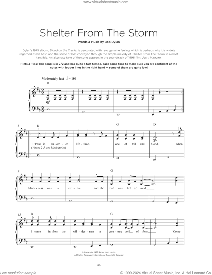 Shelter From The Storm, (beginner) sheet music for piano solo by Bob Dylan, beginner skill level