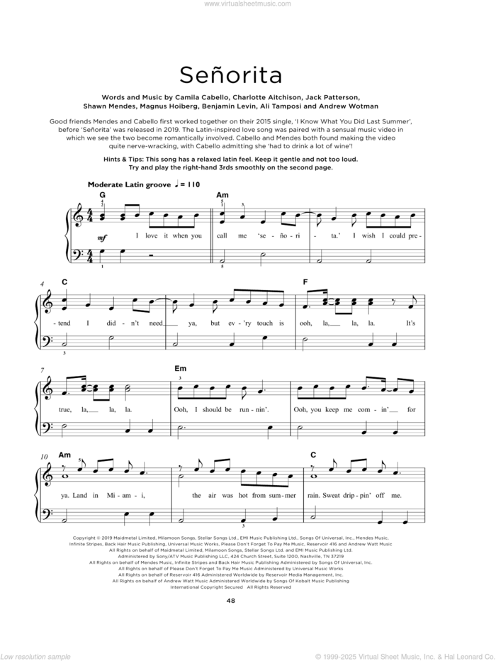 Senorita sheet music for piano solo by Shawn Mendes & Camila Cabello, Ali Tamposi, Andrew Wotman, Benjamin Levin, Camila Cabello, Charlotte Aitchison, Jack Patterson, Magnus Hoiberg and Shawn Mendes, beginner skill level