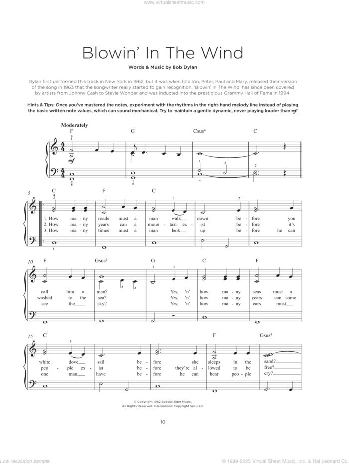 Blowin' In The Wind sheet music for piano solo by Bob Dylan, beginner skill level