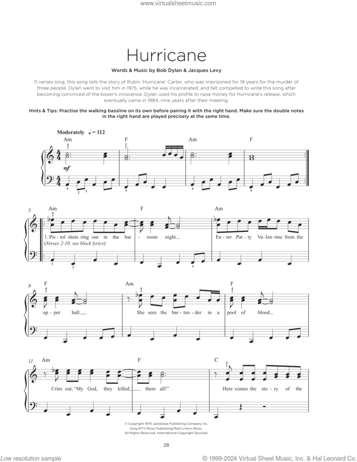 Hurricane, (beginner) sheet music for piano solo by Bob Dylan and Jacques Levy, beginner skill level