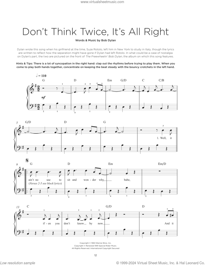 Don't Think Twice, It's All Right sheet music for piano solo by Bob Dylan, beginner skill level