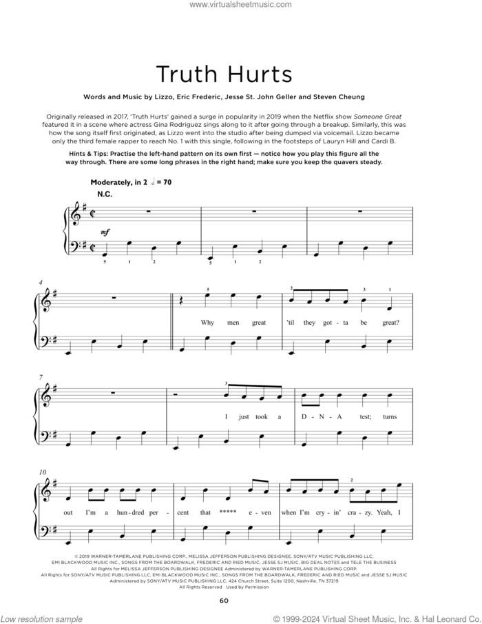 Truth Hurts sheet music for piano solo by Lizzo, Eric Frederic, Jesse St. John Geller and Steven Cheung, beginner skill level