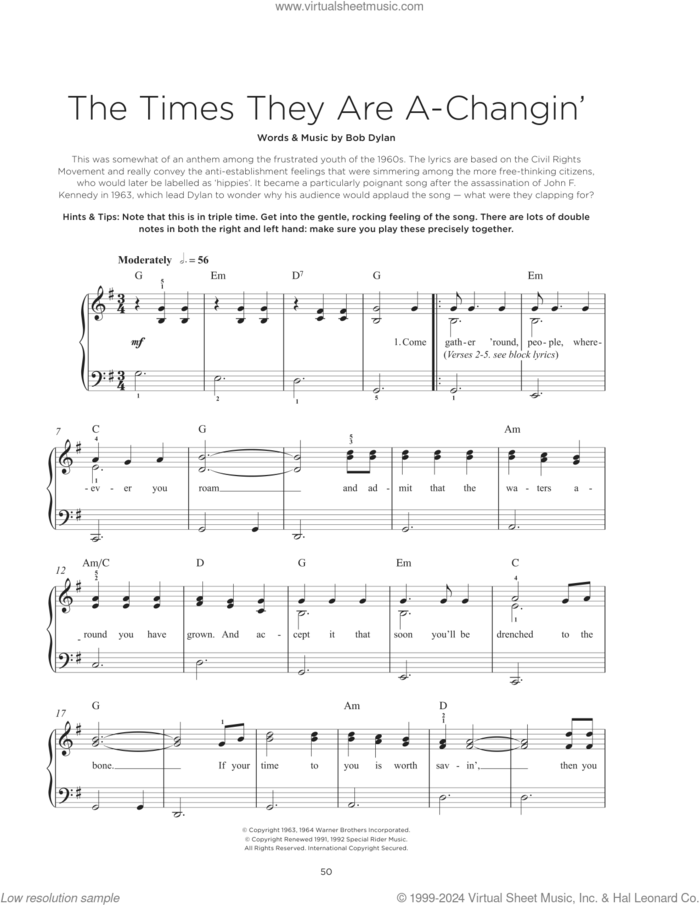The Times They Are A-Changin' sheet music for piano solo by Bob Dylan, beginner skill level