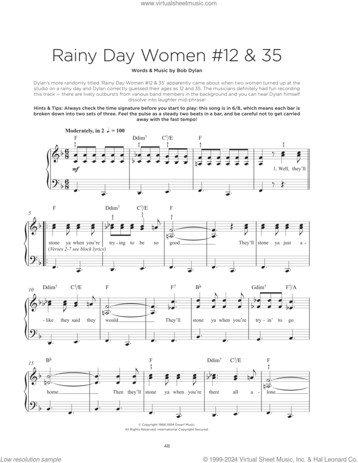 Rainy Day Women # 12 and 35, (beginner) sheet music for piano solo by Bob Dylan, beginner skill level