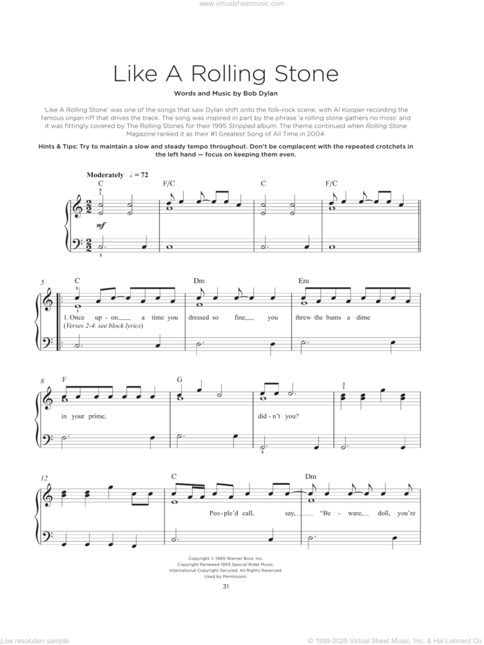 Like A Rolling Stone, (beginner) sheet music for piano solo by Bob Dylan, beginner skill level