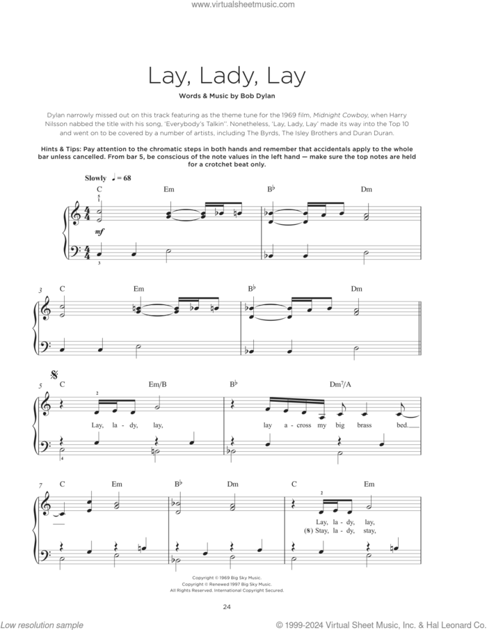 Lay, Lady, Lay, (beginner) sheet music for piano solo by Bob Dylan, beginner skill level