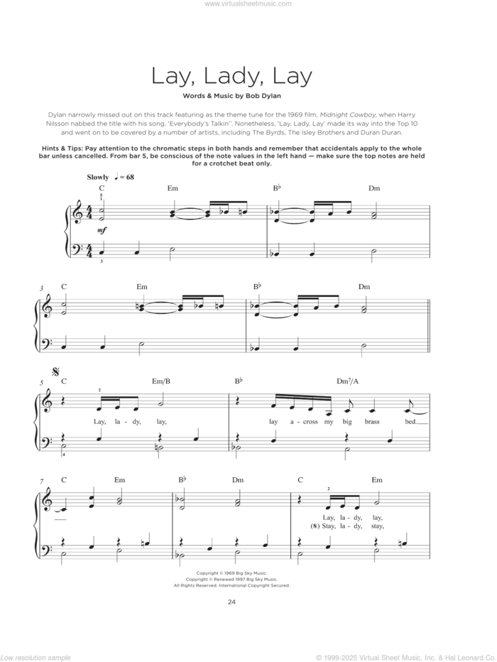 Lay, Lady, Lay, (beginner) sheet music for piano solo by Bob Dylan, beginner skill level