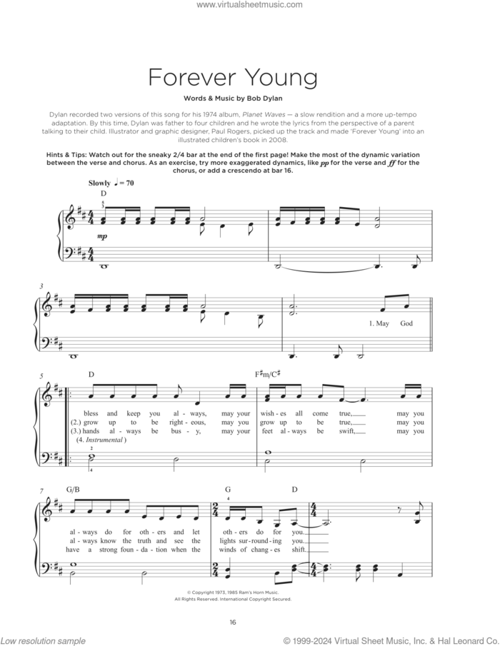 Forever Young, (beginner) sheet music for piano solo by Bob Dylan, beginner skill level