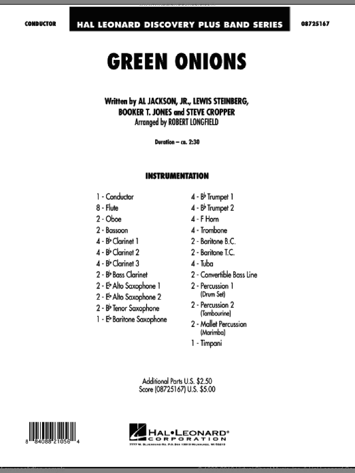 Green Onions (COMPLETE) sheet music for concert band by Robert Longfield, Al Jackson, Jr., Booker T. Jones, Lewis Steinberg and Steve Cropper, intermediate skill level