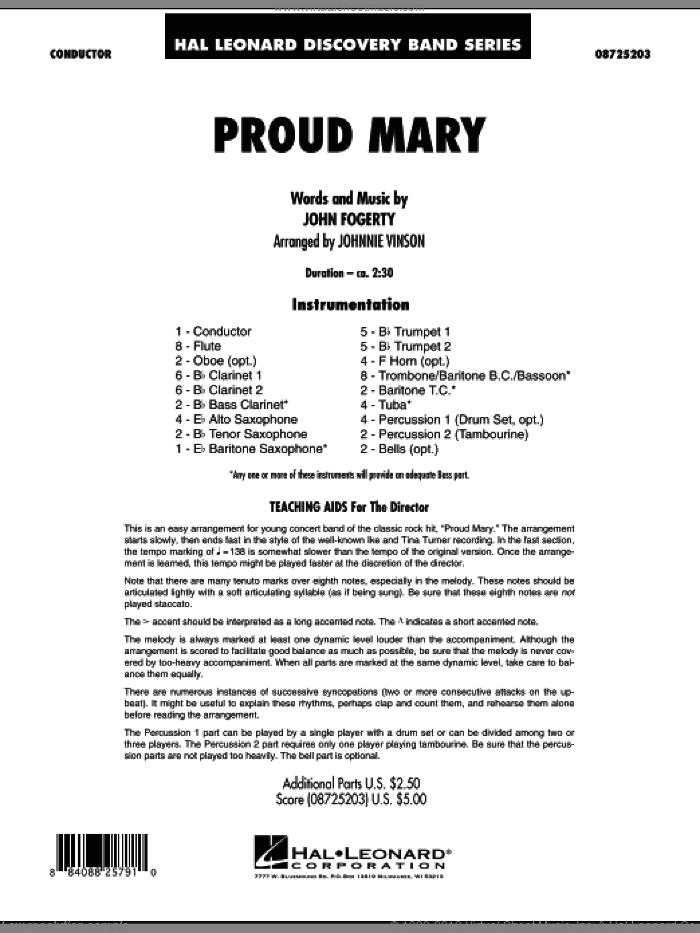 Proud Mary (COMPLETE) sheet music for concert band by Johnnie Vinson, Creedence Clearwater Revival, Ike & Tina Turner and John Fogerty, intermediate skill level