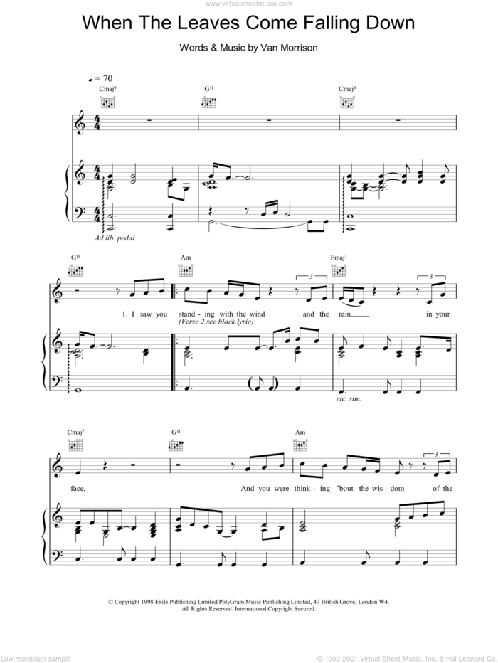 When The Leaves Come Falling Down sheet music for voice, piano or guitar by Van Morrison, intermediate skill level