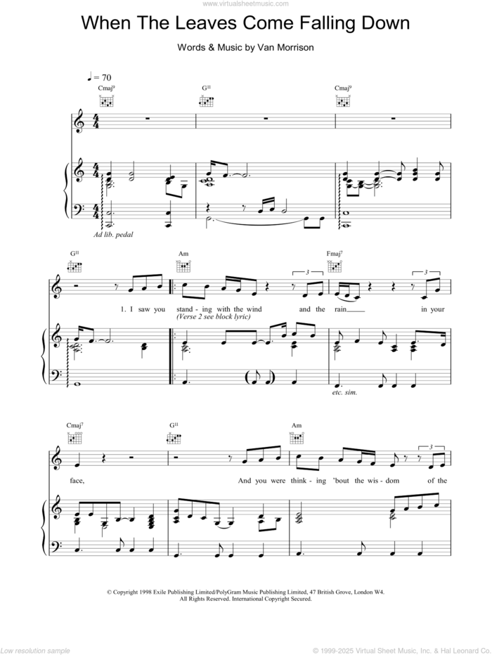 When The Leaves Come Falling Down sheet music for voice, piano or guitar by Van Morrison, intermediate skill level