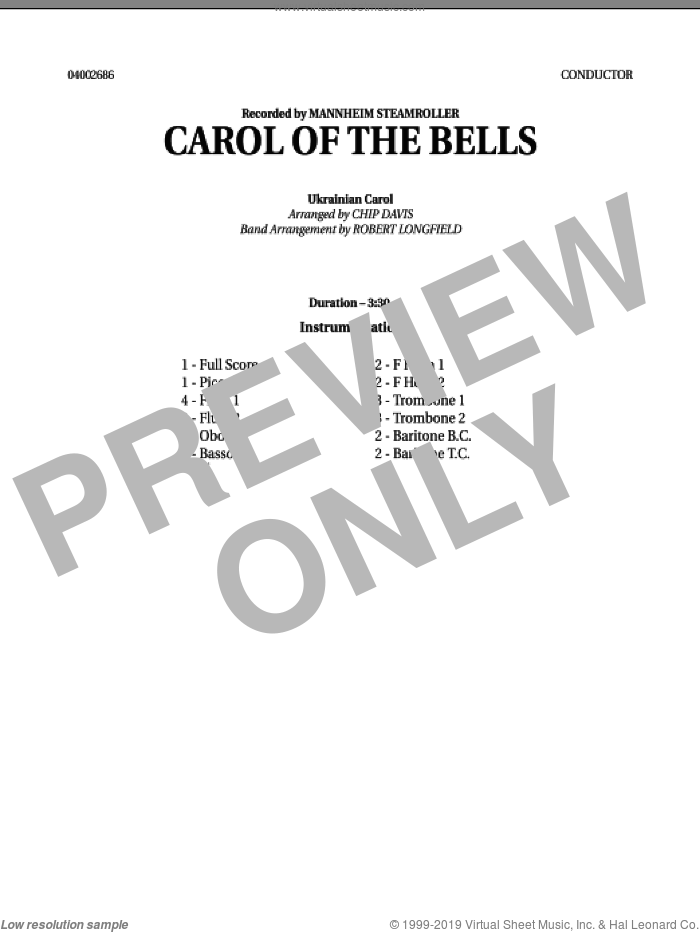 Carol Of The Bells (COMPLETE) sheet music for concert band by Robert Longfield, Chip Davis, Mannheim Steamroller and Miscellaneous, intermediate skill level