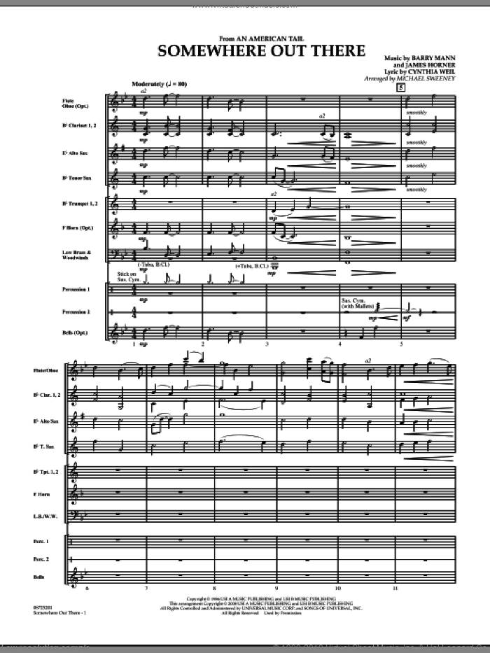 Somewhere Out There (from An American Tail) (COMPLETE) sheet music for concert band by James Horner, Barry Mann, Cynthia Weil and Michael Sweeney, intermediate skill level