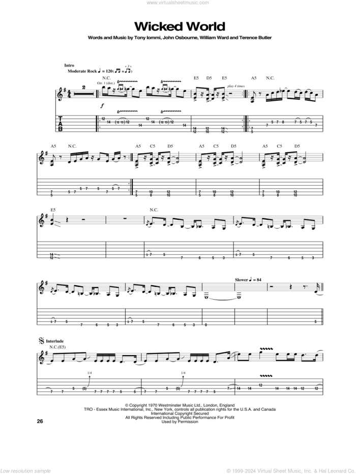 Wicked World sheet music for guitar (tablature) by Black Sabbath, John Osbourne, Terence Butler, Tony Iommi and William Ward, intermediate skill level