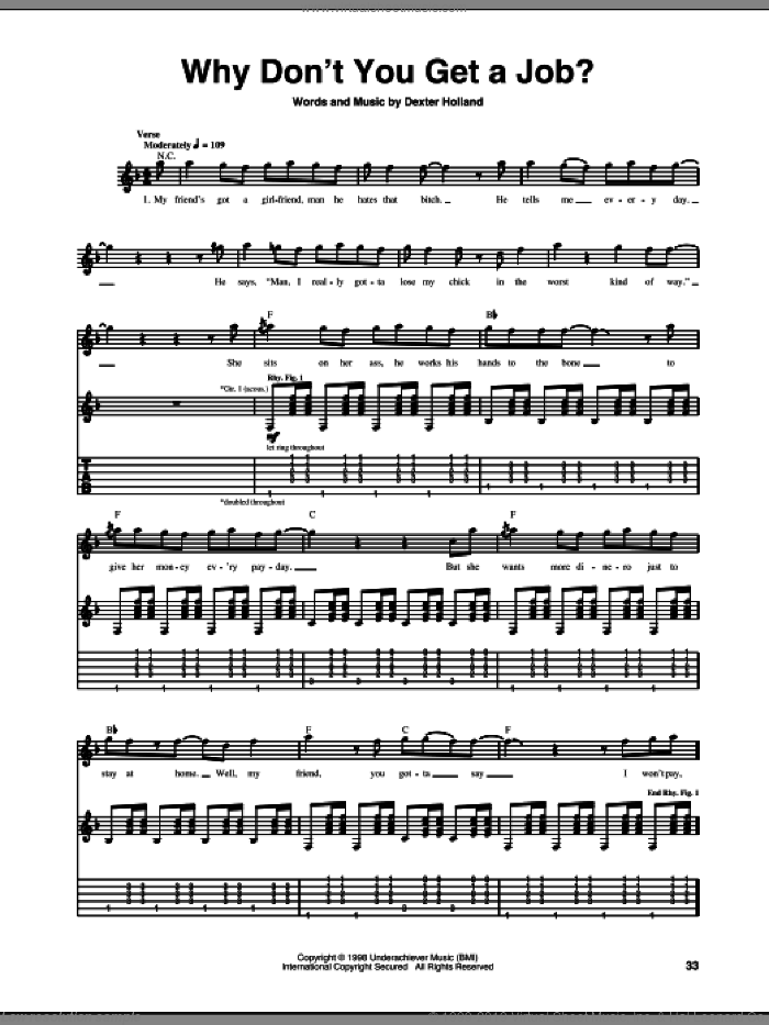 Why Don't You Get A Job? sheet music for guitar (tablature) by The Offspring and Dexter Holland, intermediate skill level