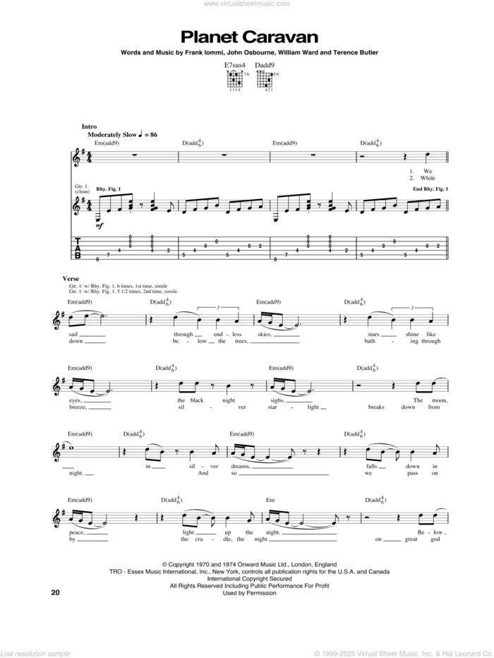 Planet Caravan sheet music for guitar (tablature) by Black Sabbath, Pantera, Frank Iommi, John Osbourne, Terence Butler and William Ward, intermediate skill level