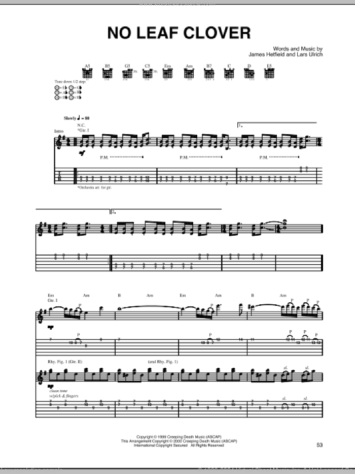 No Leaf Clover sheet music for guitar (tablature) by Metallica, James Hetfield and Lars Ulrich, intermediate skill level