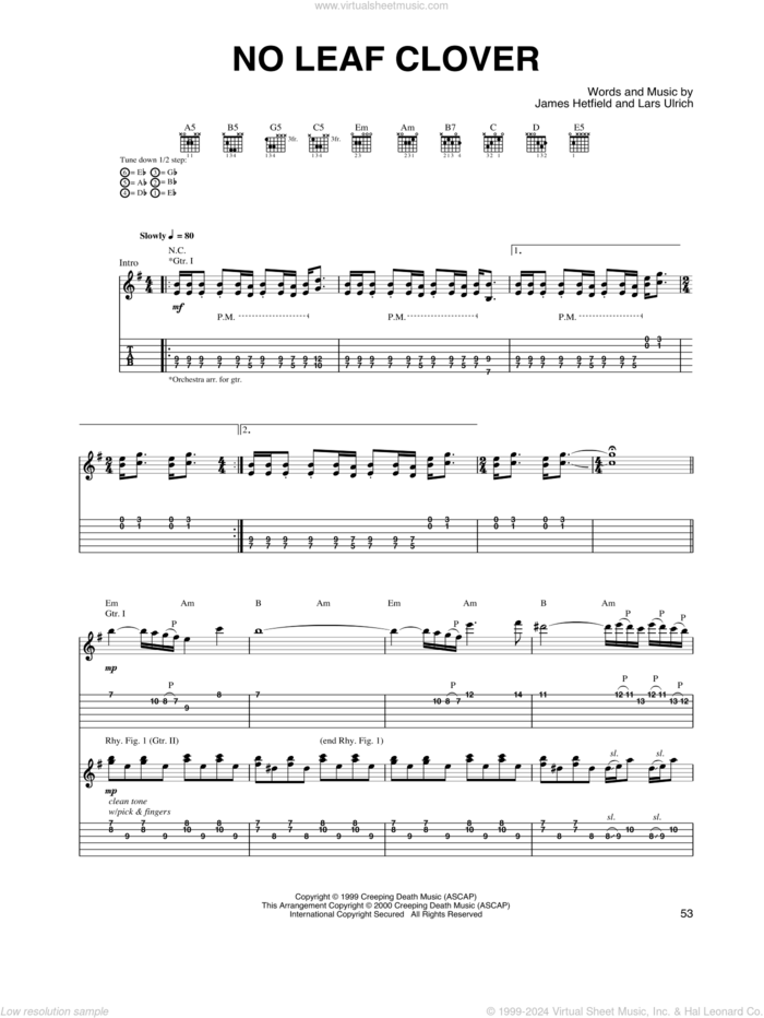 No Leaf Clover sheet music for guitar (tablature) by Metallica, James Hetfield and Lars Ulrich, intermediate skill level