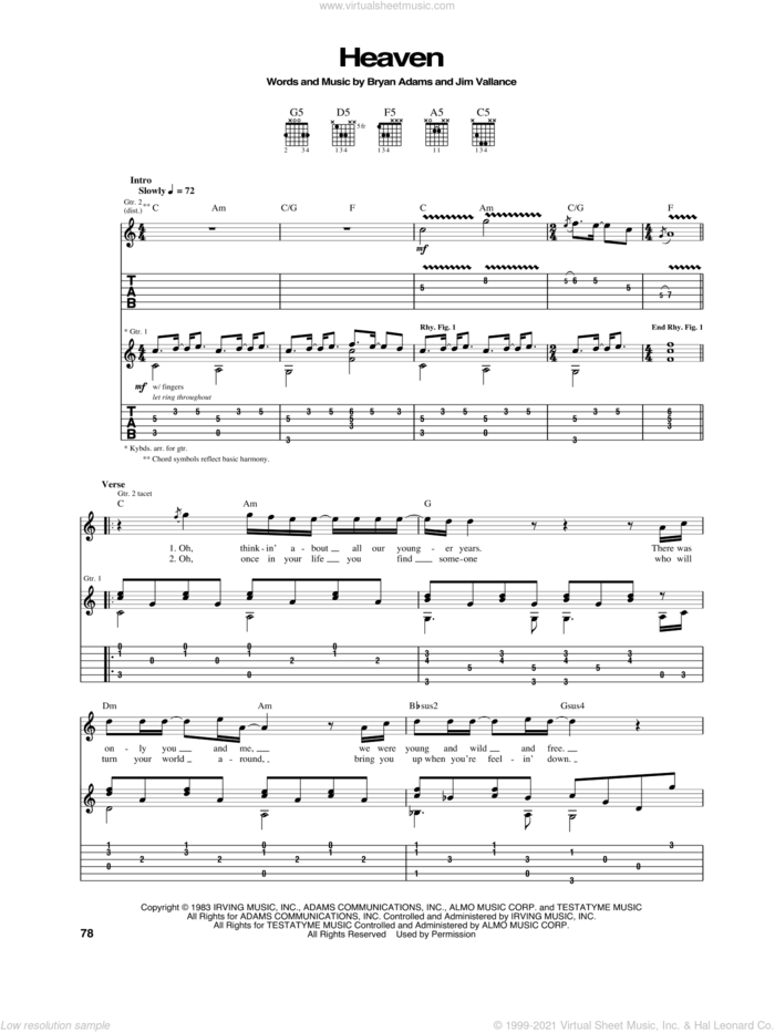 Heaven sheet music for guitar (tablature) by Bryan Adams and Jim Vallance, intermediate skill level