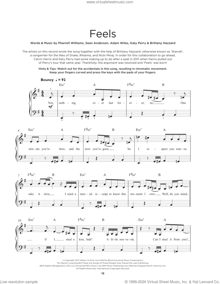 Feels (feat. Pharrell Williams, Katy Perry and Big Sean), (beginner) sheet music for piano solo by Calvin Harris, Brittany Hazzard, Katy Perry, Maurice White, Pharrell Williams, Sean Anderson and Wayne Vaughn, beginner skill level