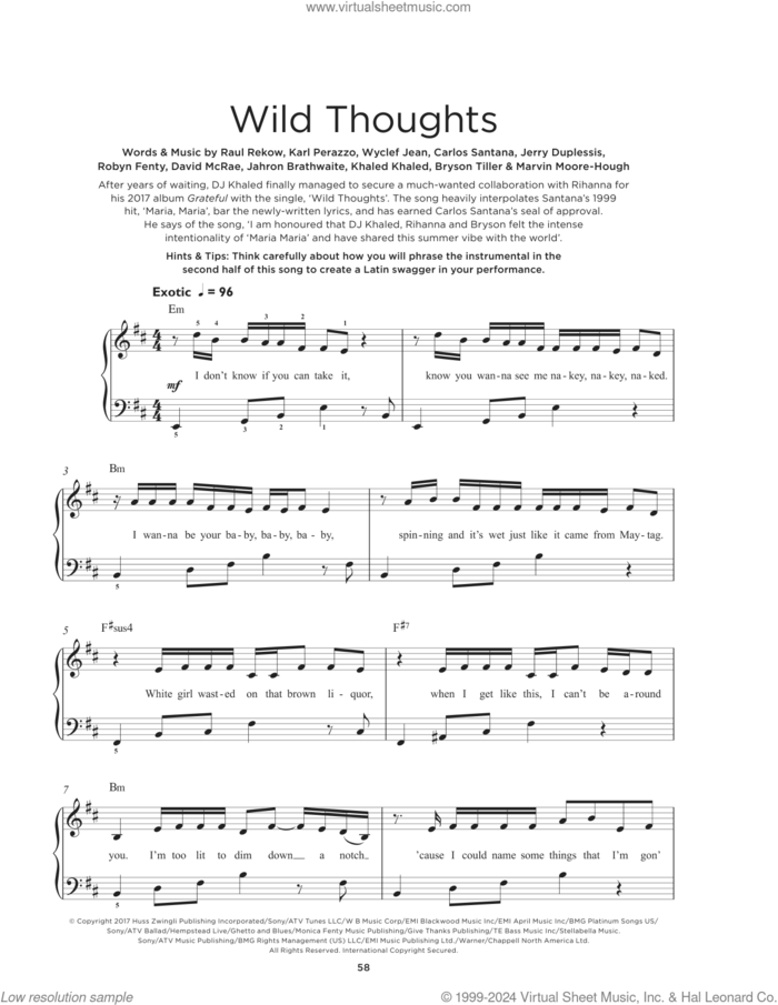 Wild Thoughts (feat. Rihanna and Bryson Tiller), (beginner) (feat. Rihanna and Bryson Tiller) sheet music for piano solo by DJ Khaled, Bryson Tiller, Carlos Santana, David McRae, Jahron Brathwaite, Jerry Duplessis, Karl F. Perazzo, Marvin Hough, Raul Rekow, Robyn Fenty and Wyclef Jean, beginner skill level