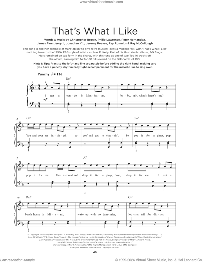 That's What I Like sheet music for piano solo by Bruno Mars, Christopher Brody Brown, James Fauntleroy, Jeremy Reeves, Jonathan Yip, Philip Lawrence, Ray Charles McCullough II and Ray Romulus, beginner skill level