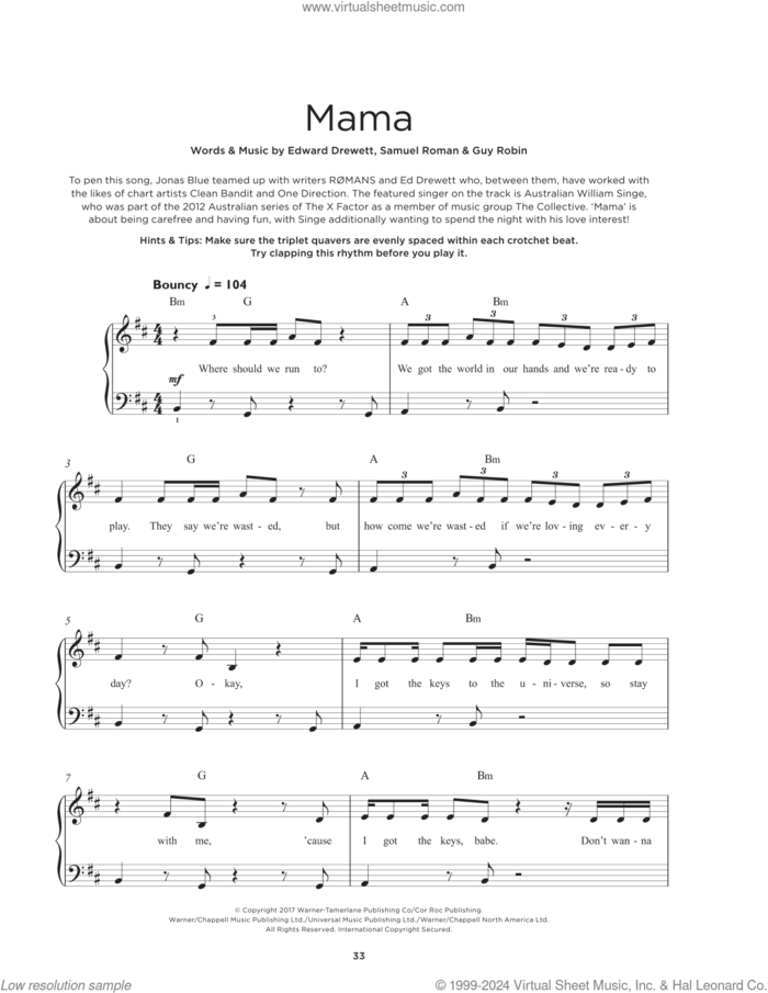 Mama (feat. William Singe) sheet music for piano solo by Jonas Blue, Edward James Drewett, Guy James Robin and Sam Romans, beginner skill level