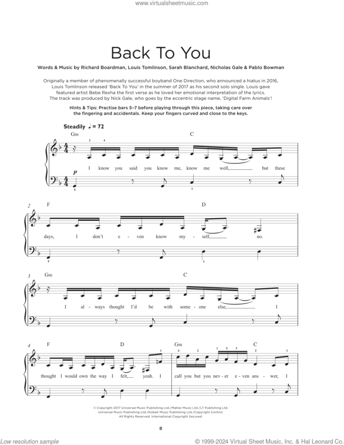 Back To You (feat. Bebe Rexha and Digital Farm Animals) sheet music for piano solo by Louis Tomlinson, Nicholas Gale, Pablo Bowman, Richard Boardman and Sarah Blanchard, beginner skill level