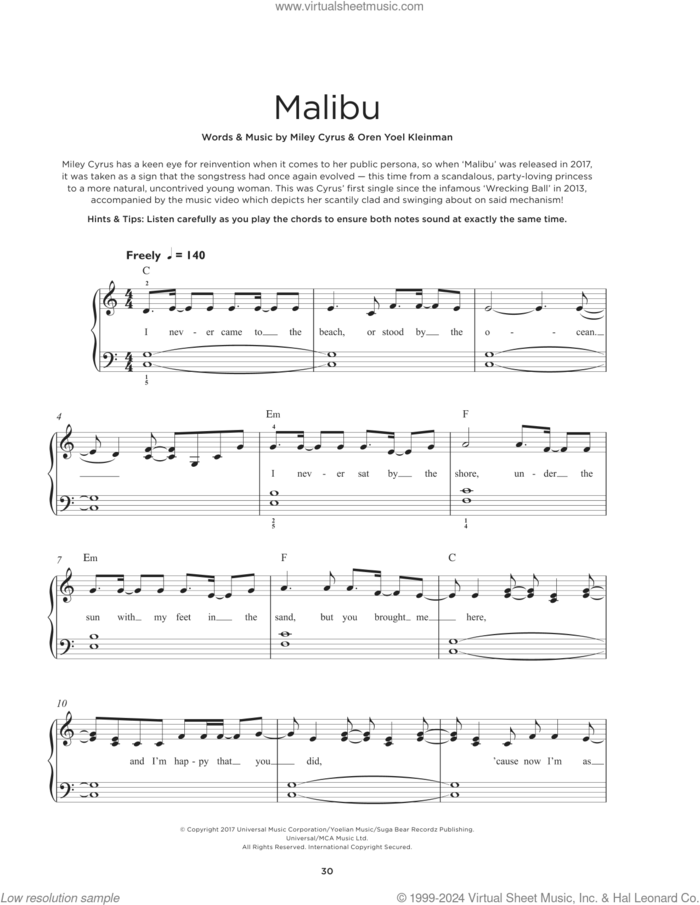 Malibu sheet music for piano solo by Miley Cyrus and Oren Yoel Kleinman, beginner skill level