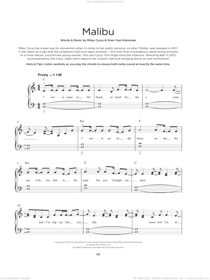 Malibu sheet music for piano solo by Miley Cyrus and Oren Yoel Kleinman, beginner skill level