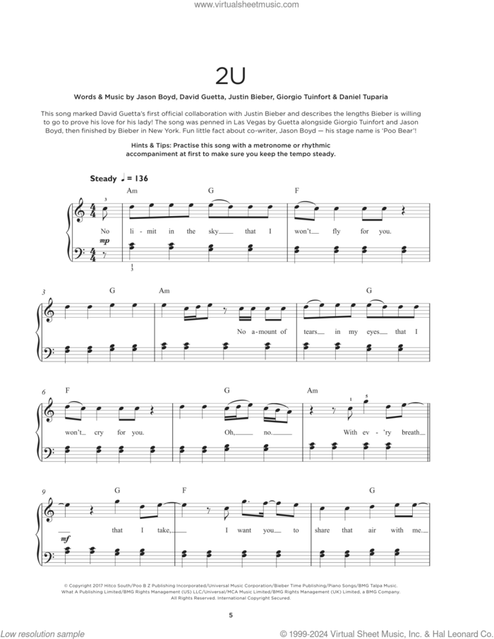 2U sheet music for piano solo by Justin Bieber & David Guetta, Daniel Tuparia, David Guetta, Giorgio Tuinfort, Jason Boyd and Justin Bieber, beginner skill level