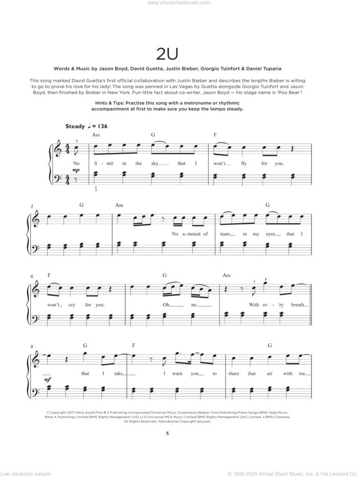 2U sheet music for piano solo by Justin Bieber & David Guetta, Daniel Tuparia, David Guetta, Giorgio Tuinfort, Jason Boyd and Justin Bieber, beginner skill level