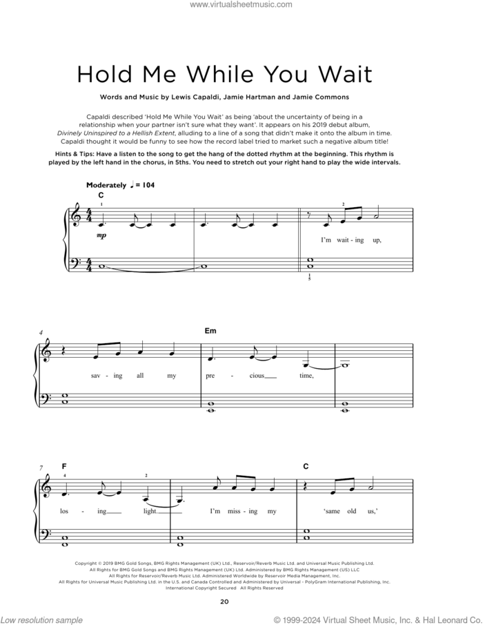 Hold Me While You Wait sheet music for piano solo by Lewis Capaldi, Jamie Commons and Jamie Hartman, beginner skill level