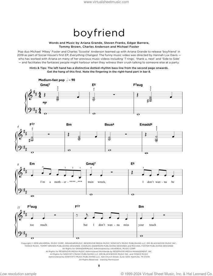 Boyfriend (with Social House) sheet music for piano solo by Ariana Grande, Charles Anderson, Edgar Barrera, Michael Foster, Steven Franks and Tommy Brown, beginner skill level