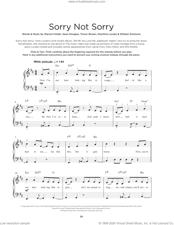 Sorry Not Sorry sheet music for piano solo by Demi Lovato, Sean Douglas, Trevor Brown, Warren Felder and William Simmons, beginner skill level