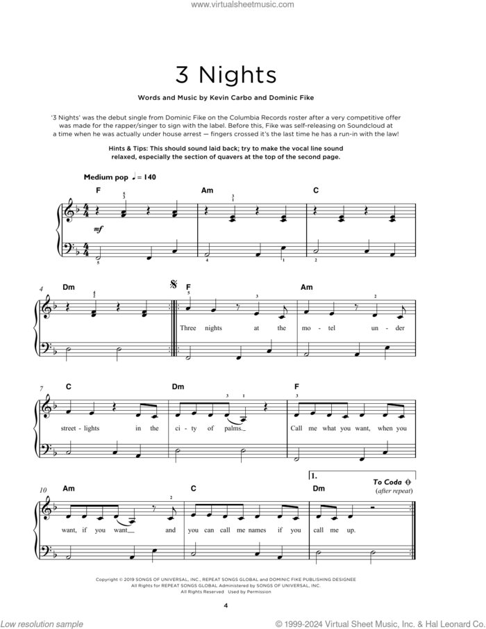 3 Nights sheet music for piano solo by Dominic Fike and Kevin Carbo, beginner skill level