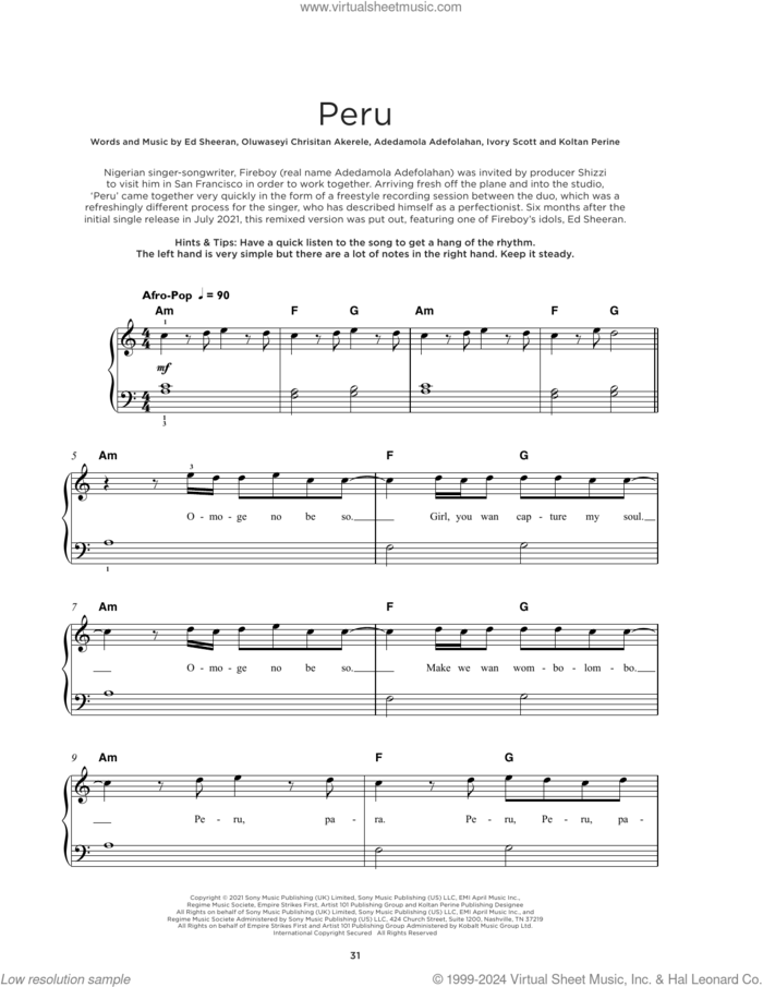 Peru sheet music for piano solo by Fireboy DML & Ed Sheeran, Adedamola Adefolahan, Ed Sheeran, Ivory Scott, Koltan Perine and Oluwaseyi Christian Akerele, beginner skill level