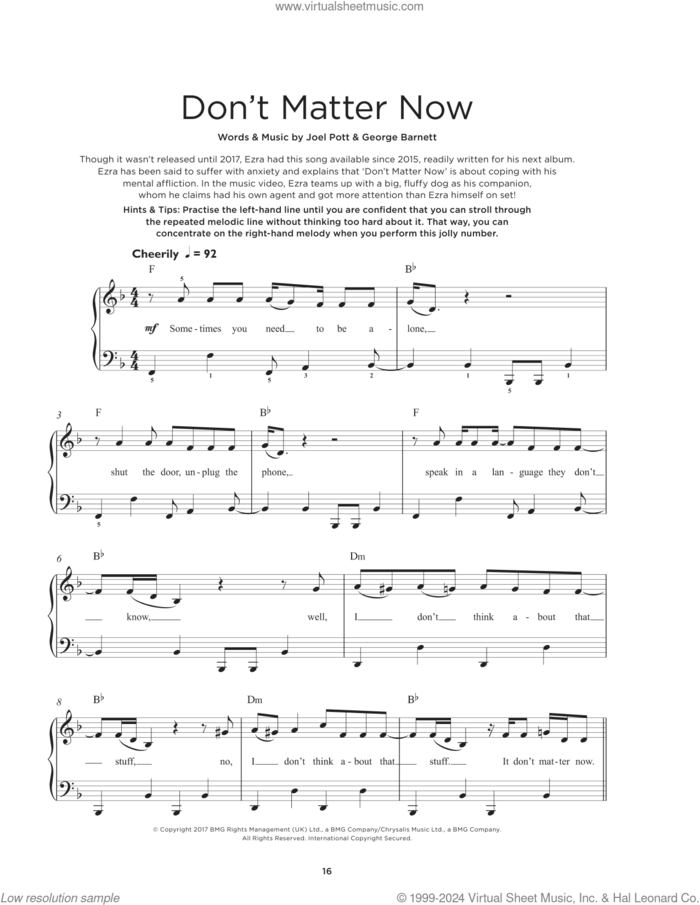 Don't Matter Now sheet music for piano solo by George Ezra and Joel Pott, beginner skill level