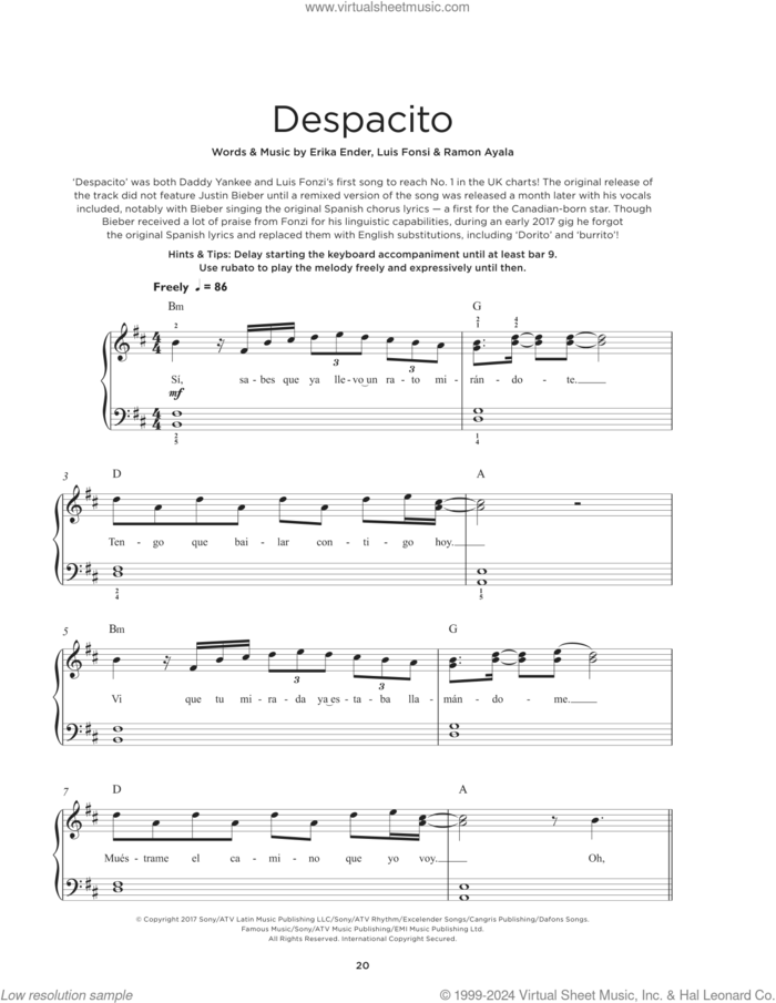 Despacito sheet music for piano solo by Luis Fonsi & Daddy Yankee, Erika Ender, Luis Fonsi and Ramon Ayala, beginner skill level